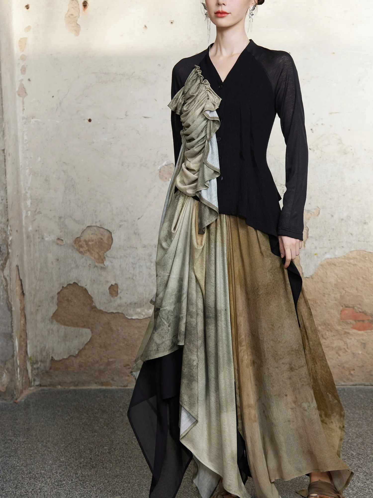 Asymmetry Frill Stitch V-Neck Flowing Top