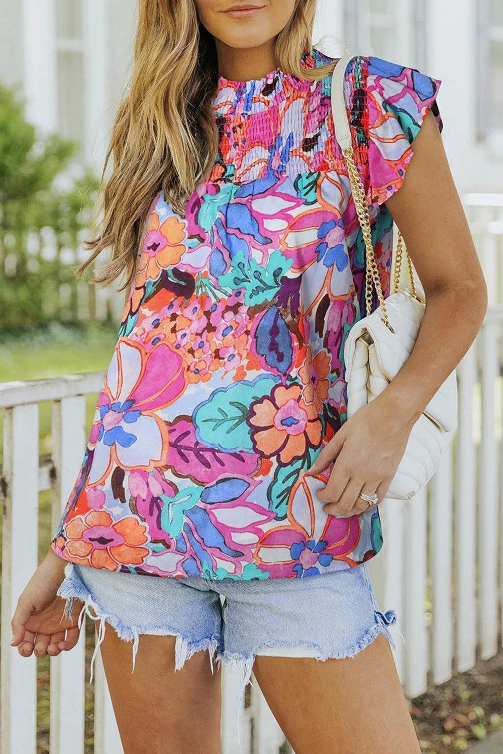 Be Grateful Floral Smocked Flutter Sleeve Top