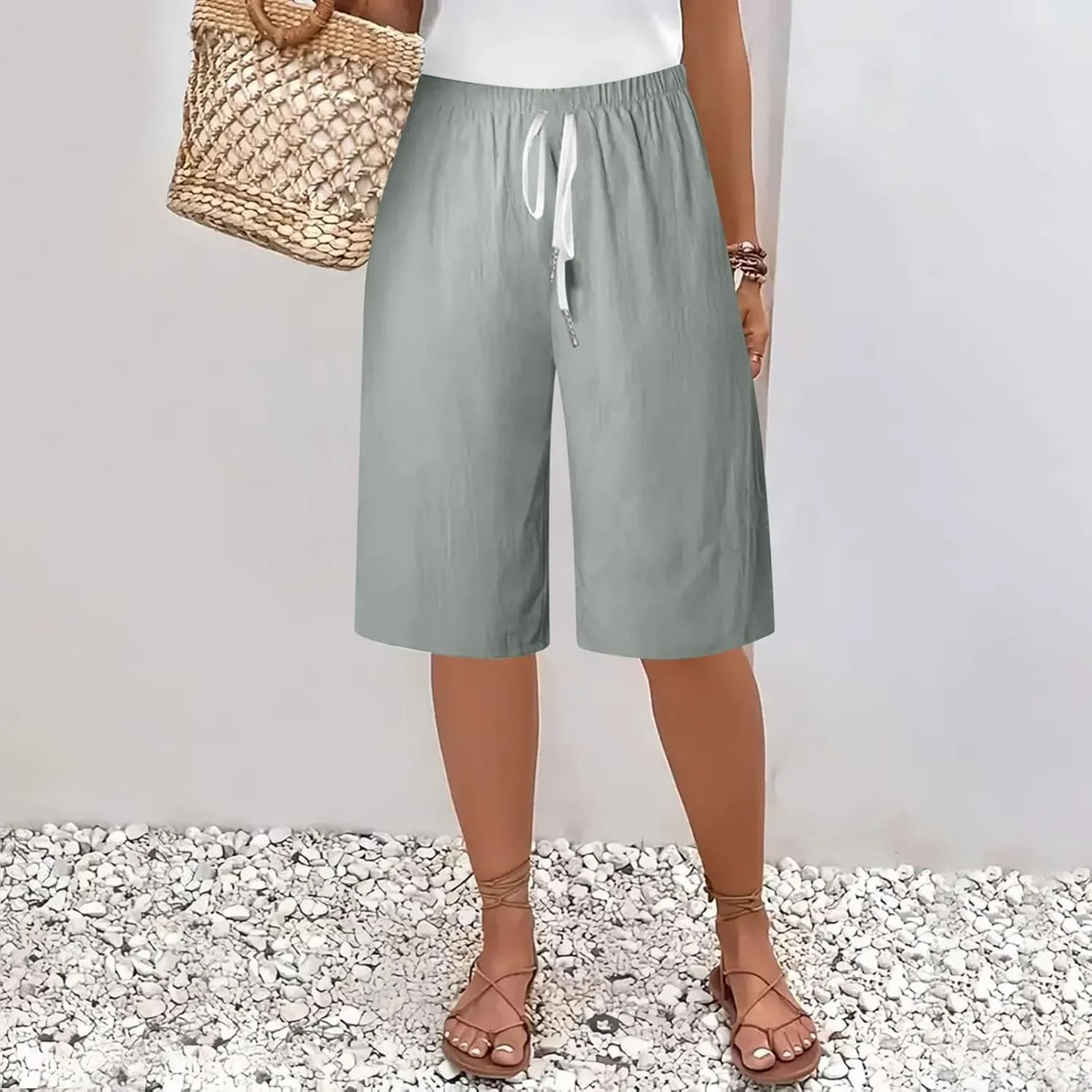 Bermuda Shorts for Women Trendy Summer Casual Elastic High Waisted Drawstring Wide Leg Lounge Shorts Trousers