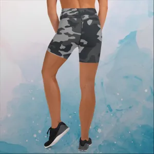 Black and Grey Camo Print Womens Yoga Shorts