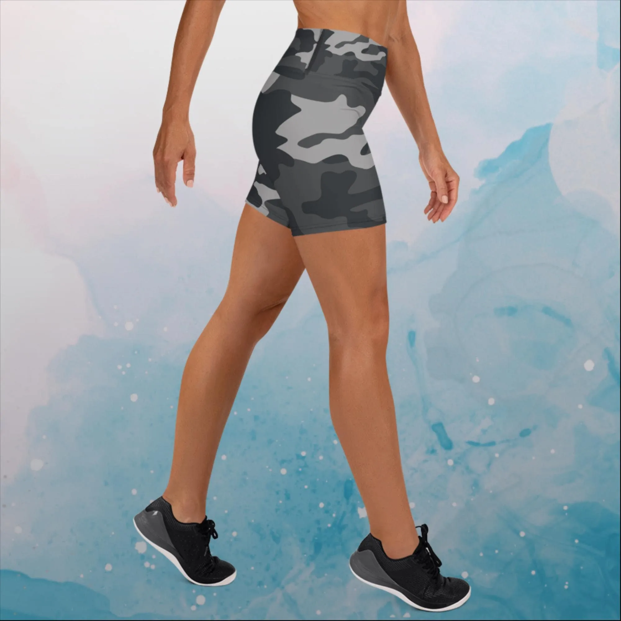 Black and Grey Camo Print Womens Yoga Shorts