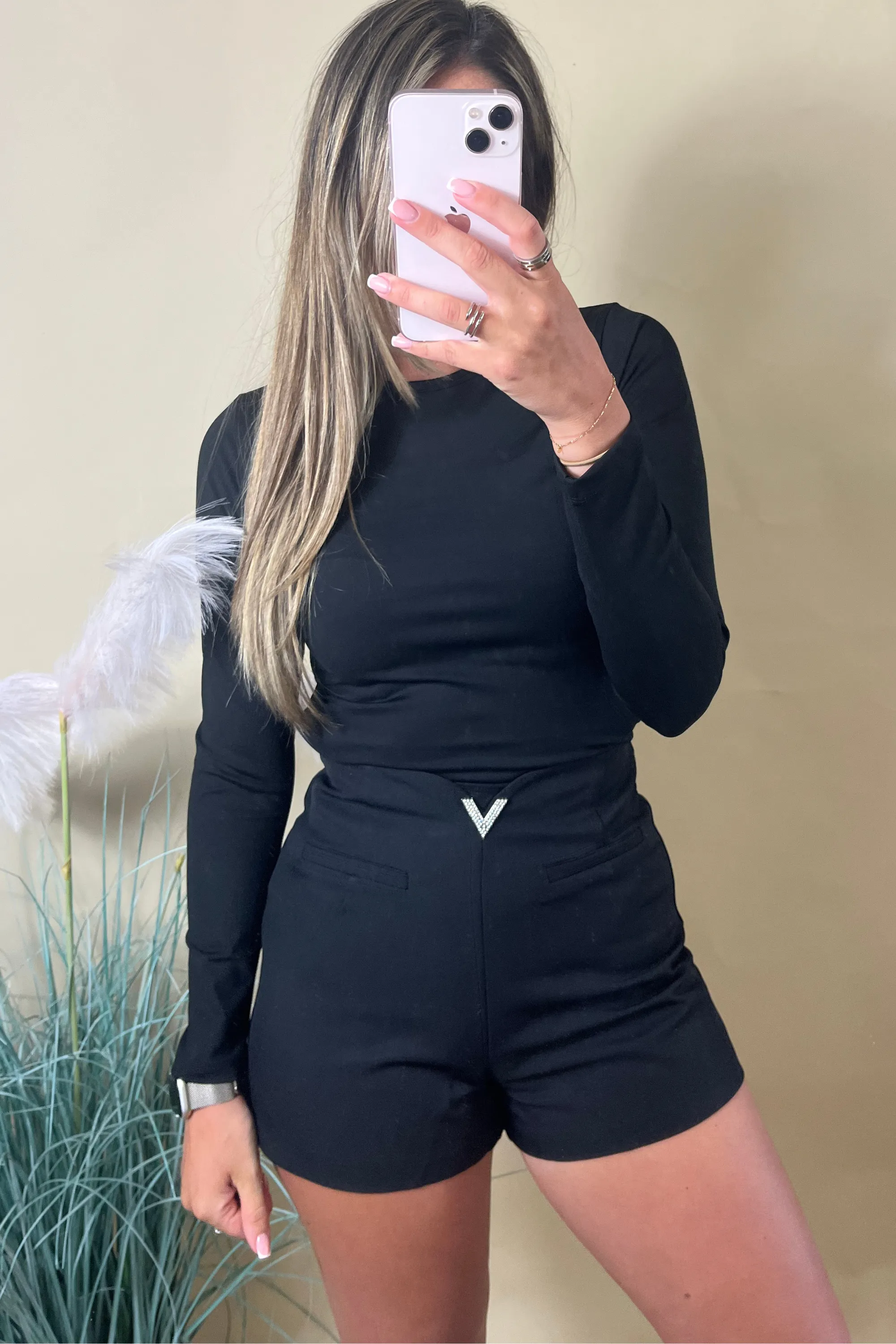 Black Diamante V-Detail Hot Pants