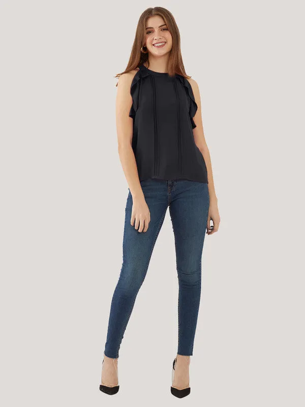 Black Solid Ruffled Top for Women