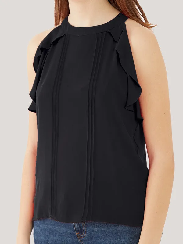 Black Solid Ruffled Top for Women