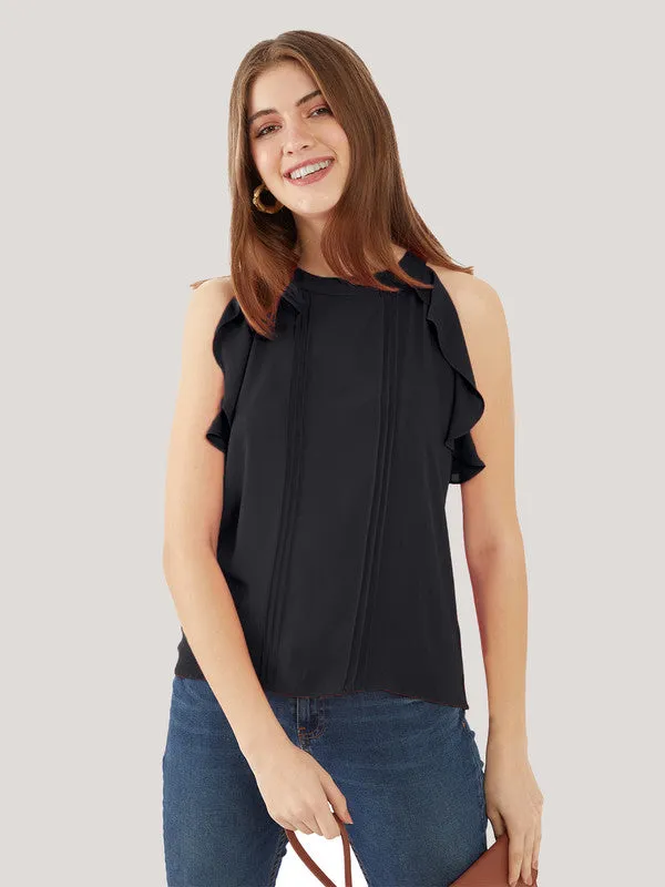 Black Solid Ruffled Top for Women