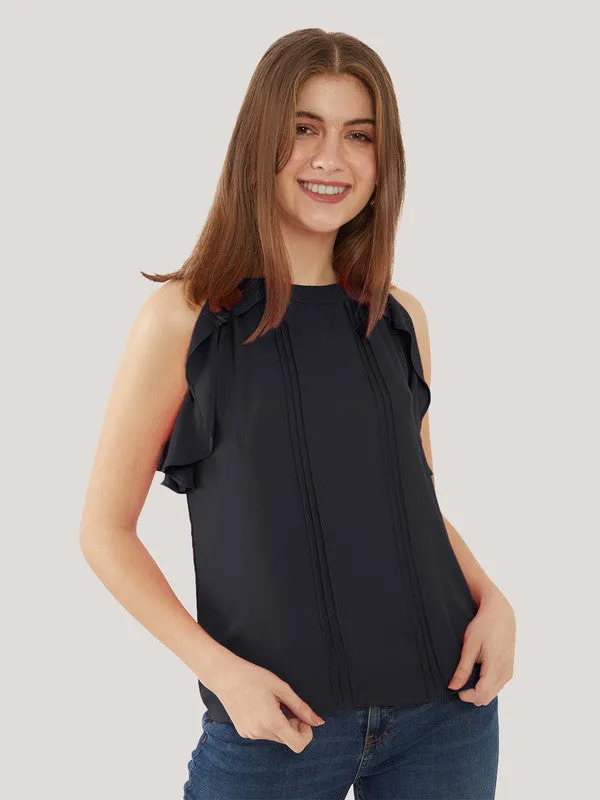 Black Solid Ruffled Top for Women