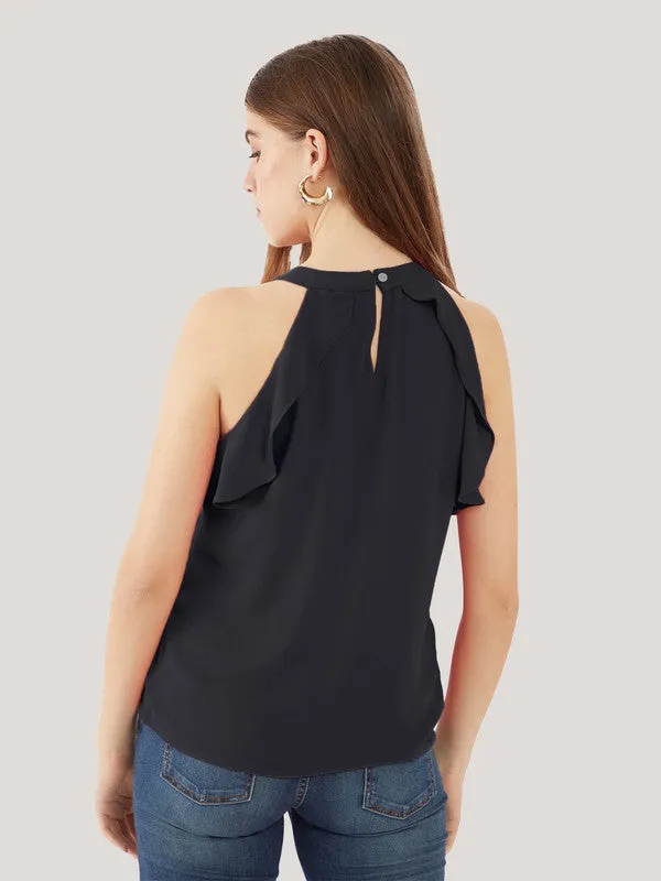 Black Solid Ruffled Top for Women