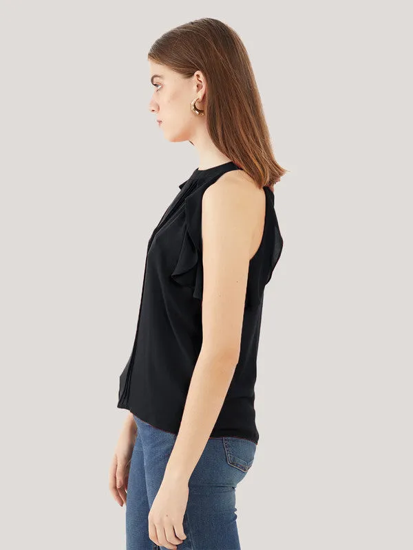 Black Solid Ruffled Top for Women