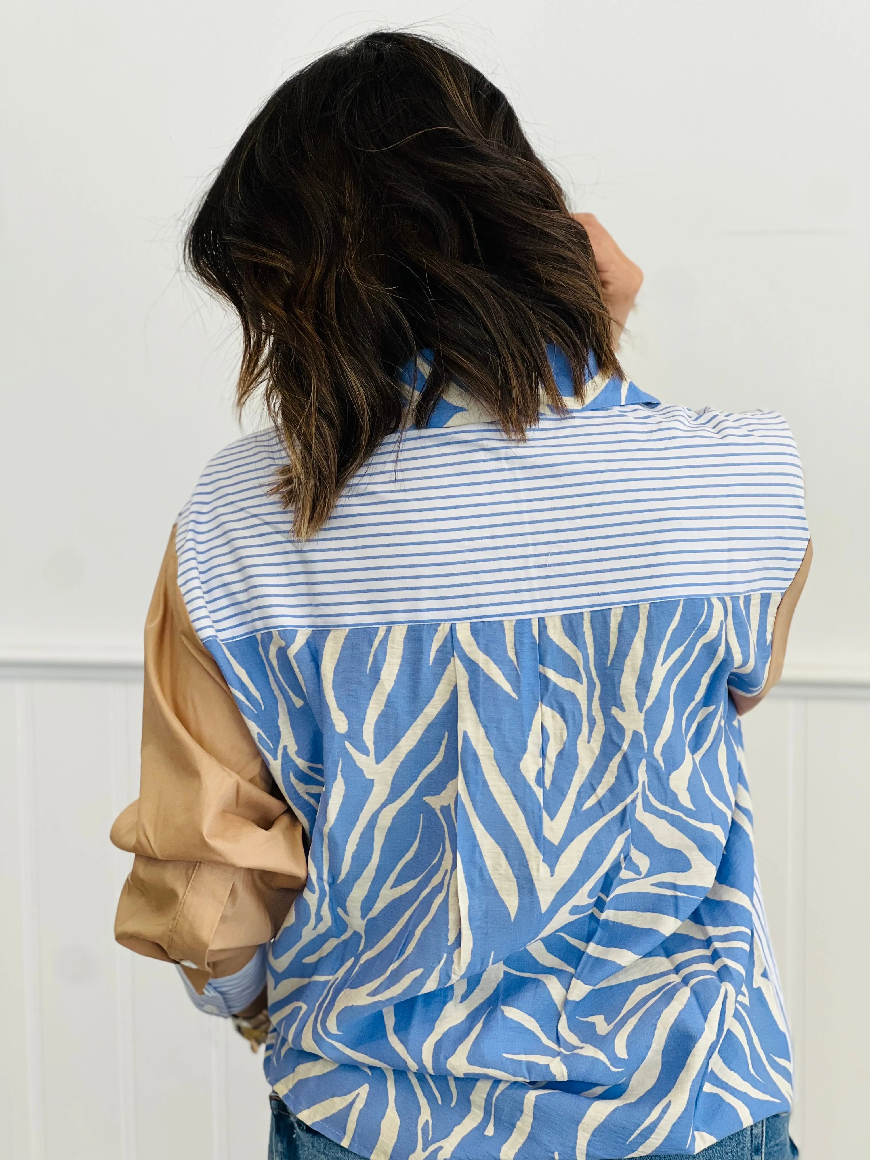 Blue Combo Multi Pattern Color Block Shirt (Reg & Plus)