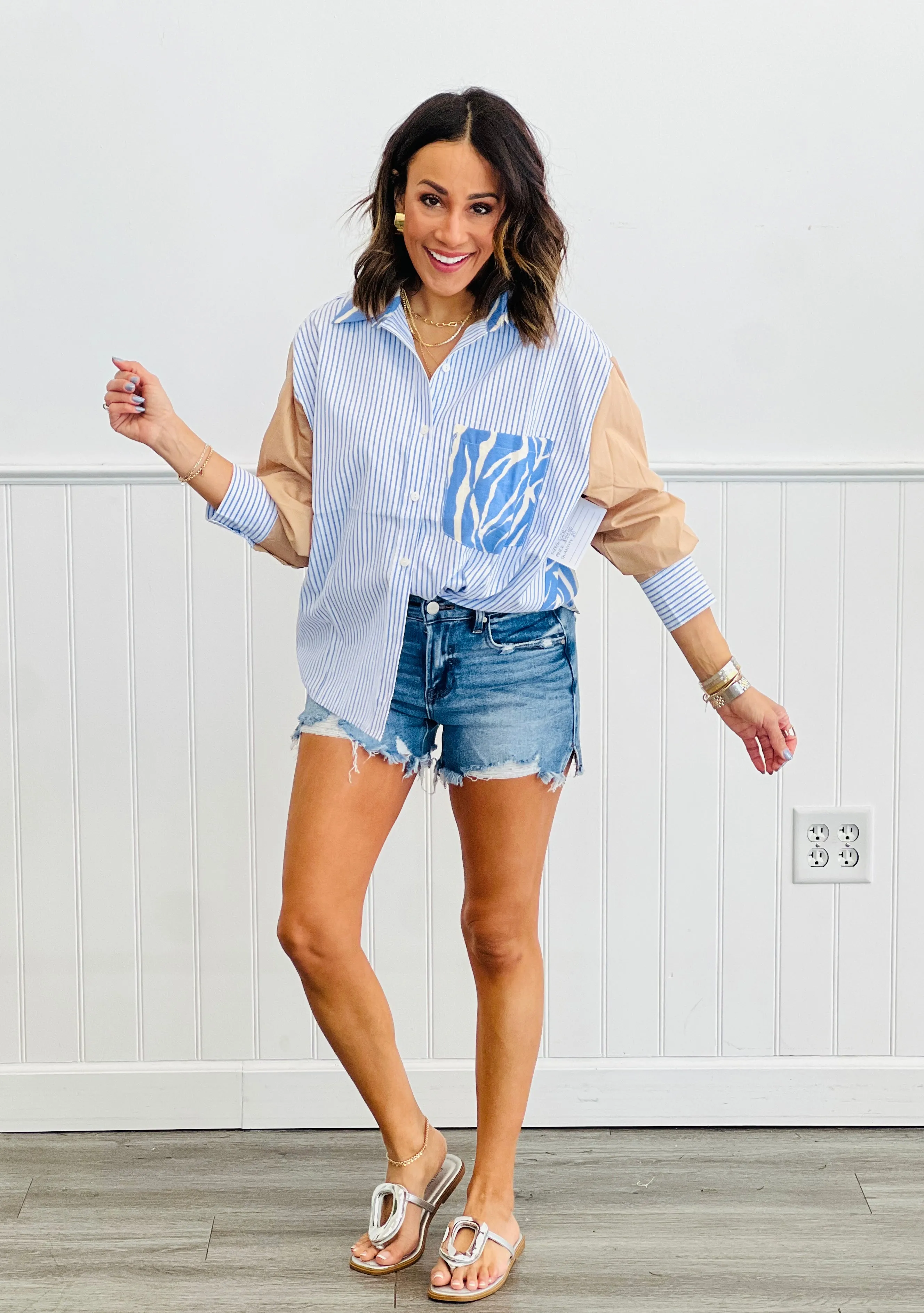 Blue Combo Multi Pattern Color Block Shirt (Reg & Plus)