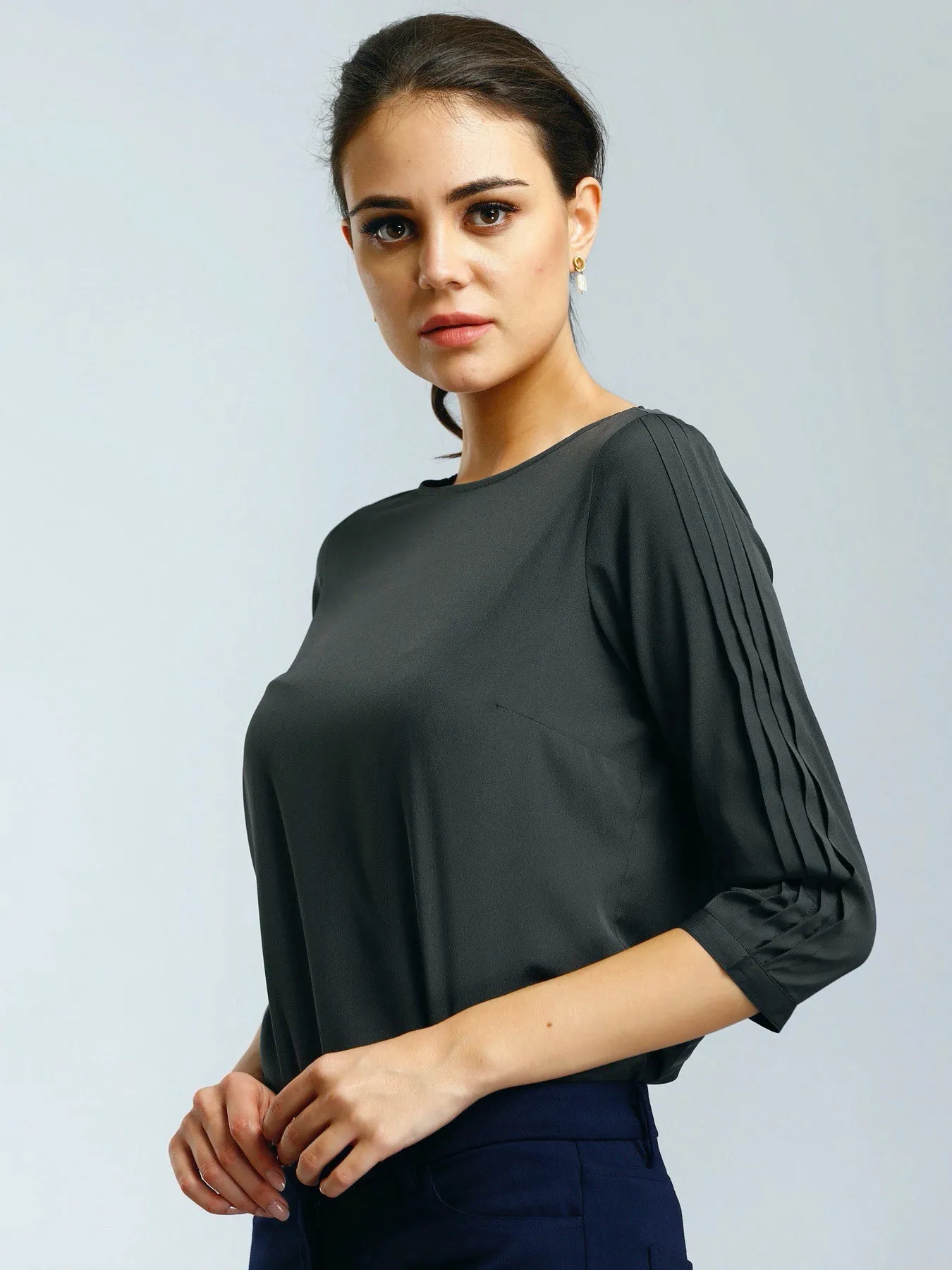 Boat Neck Top With Pleated Sleeves - Grey