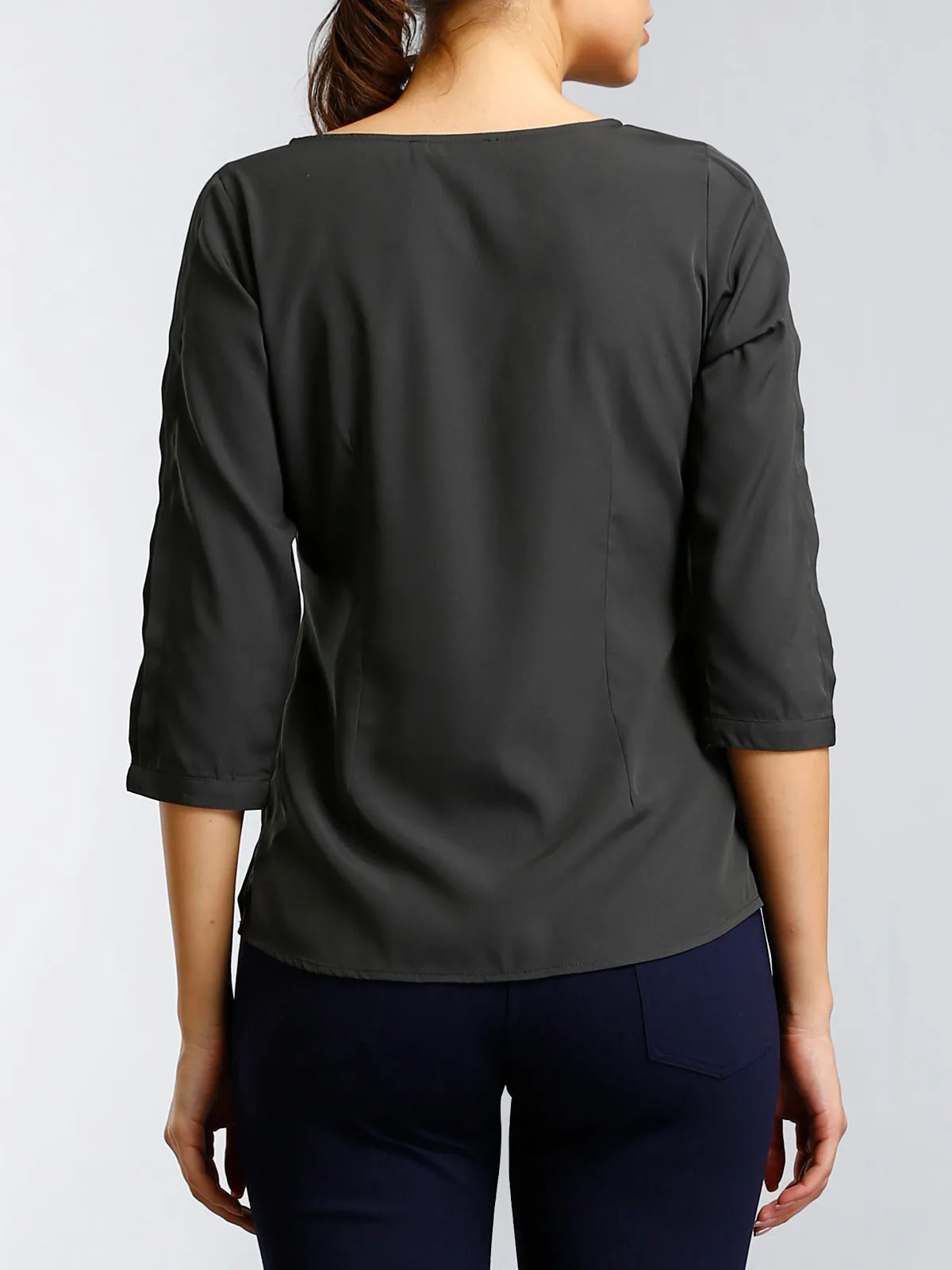 Boat Neck Top With Pleated Sleeves - Grey
