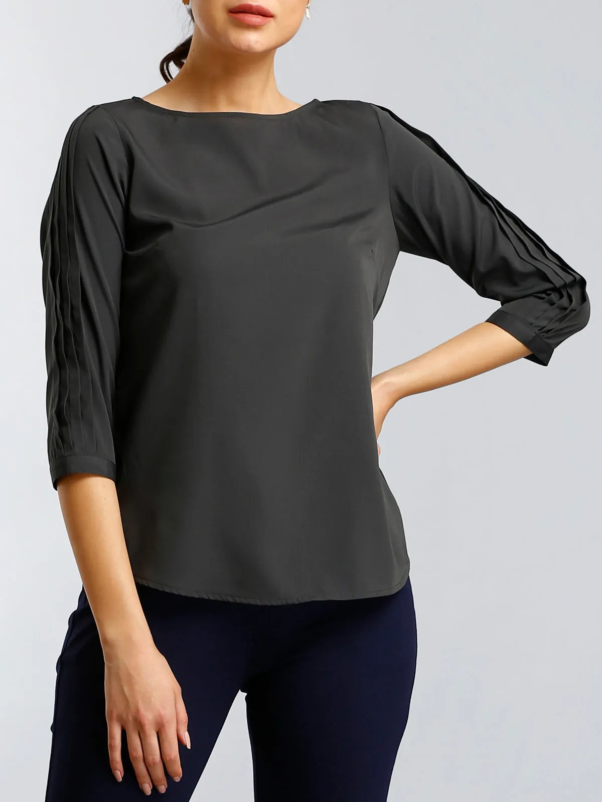 Boat Neck Top With Pleated Sleeves - Grey