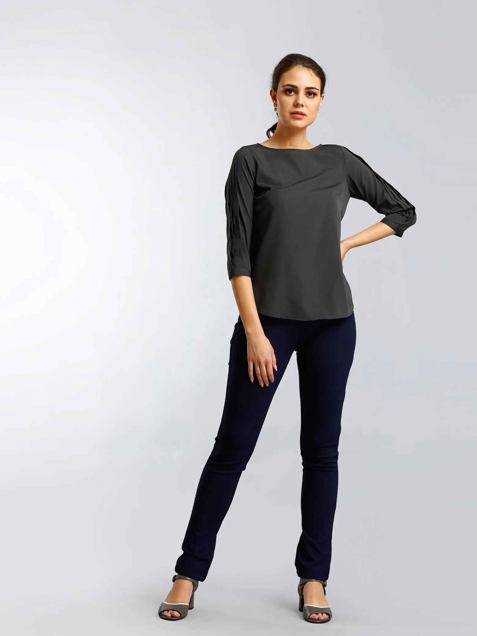 Boat Neck Top With Pleated Sleeves - Grey