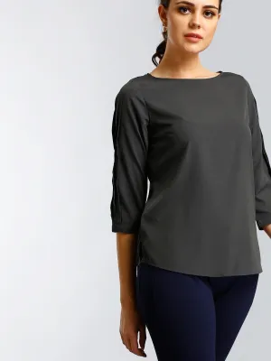 Boat Neck Top With Pleated Sleeves - Grey