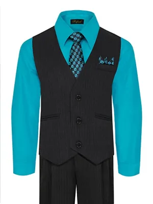 Boys Vest Pants Pinstriped 5 Piece Set With Shirt And Tie - Turquoise