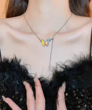 Brief Silk Stainless Steel Butterfly Tassel Pendant Necklace II022