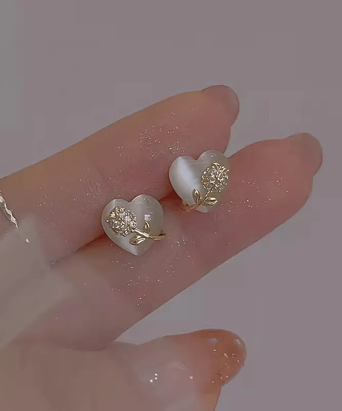 Brief White Alloy Zircon Tulip Cat Eye Ston Love Stud Earrings RG002