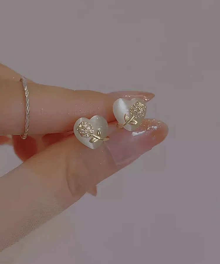 Brief White Alloy Zircon Tulip Cat Eye Ston Love Stud Earrings RG002