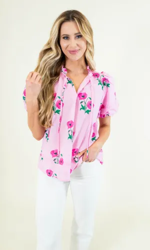 Candy Pink Floral Puff Sleeve Blouse