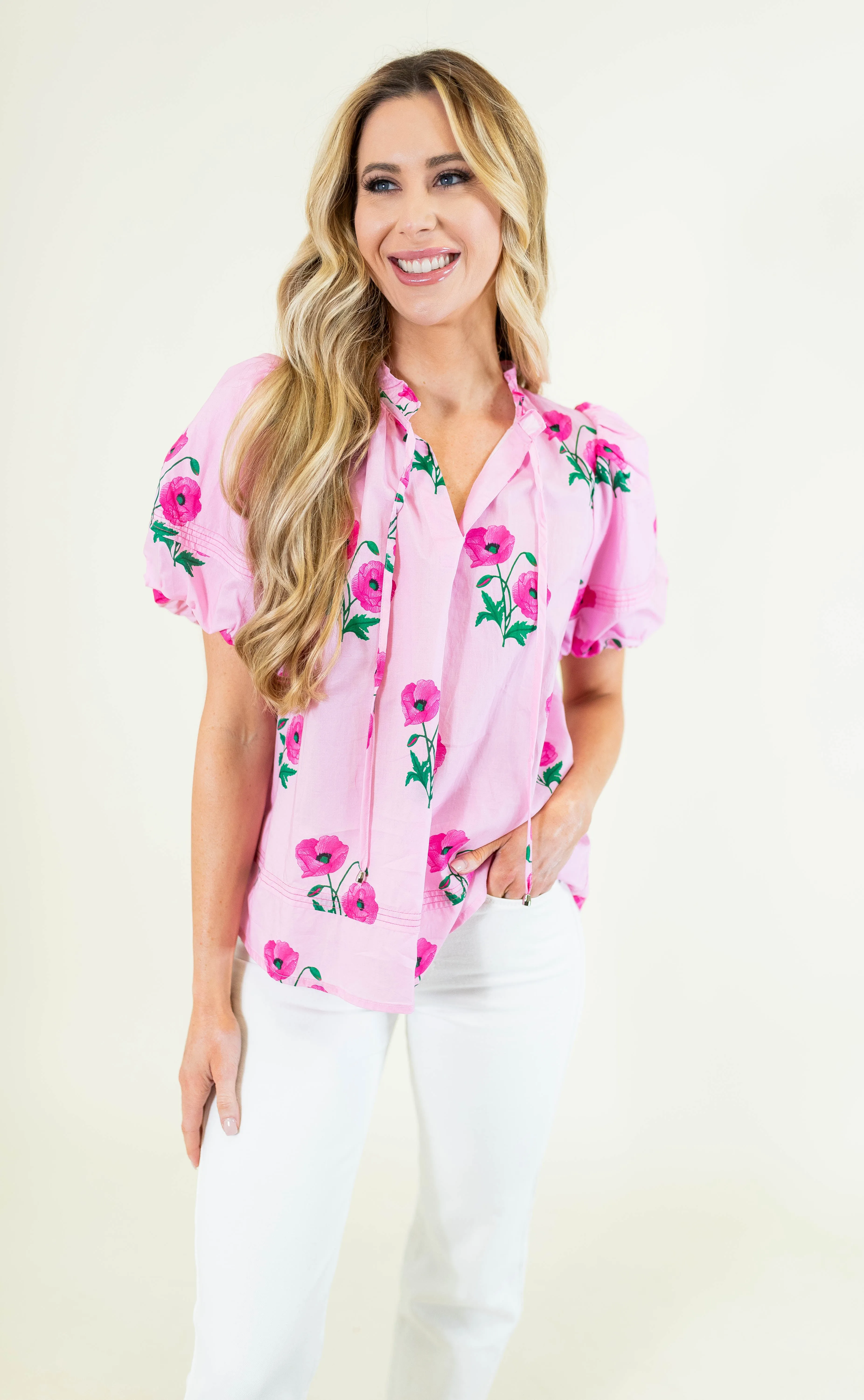 Candy Pink Floral Puff Sleeve Blouse