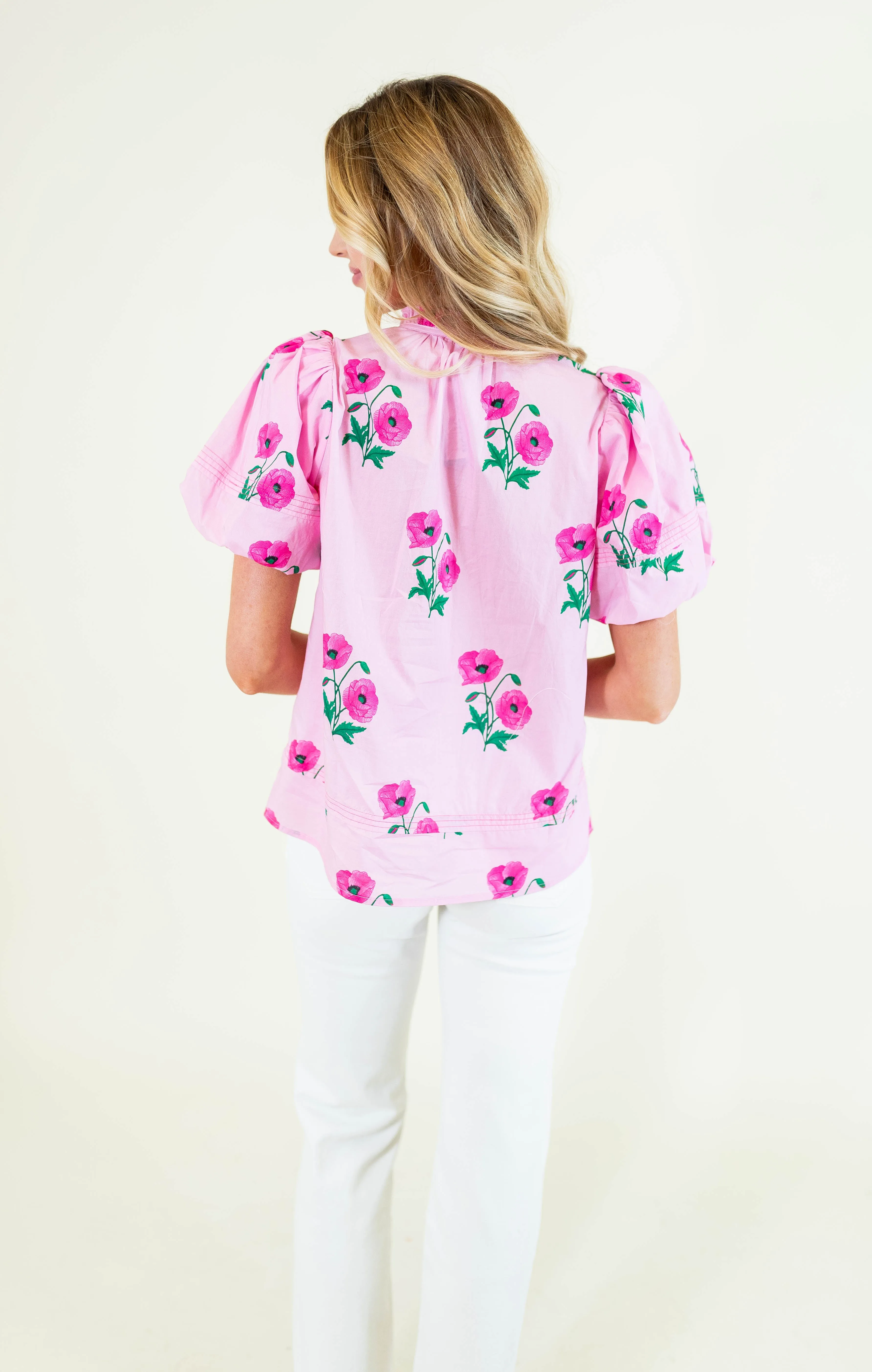 Candy Pink Floral Puff Sleeve Blouse