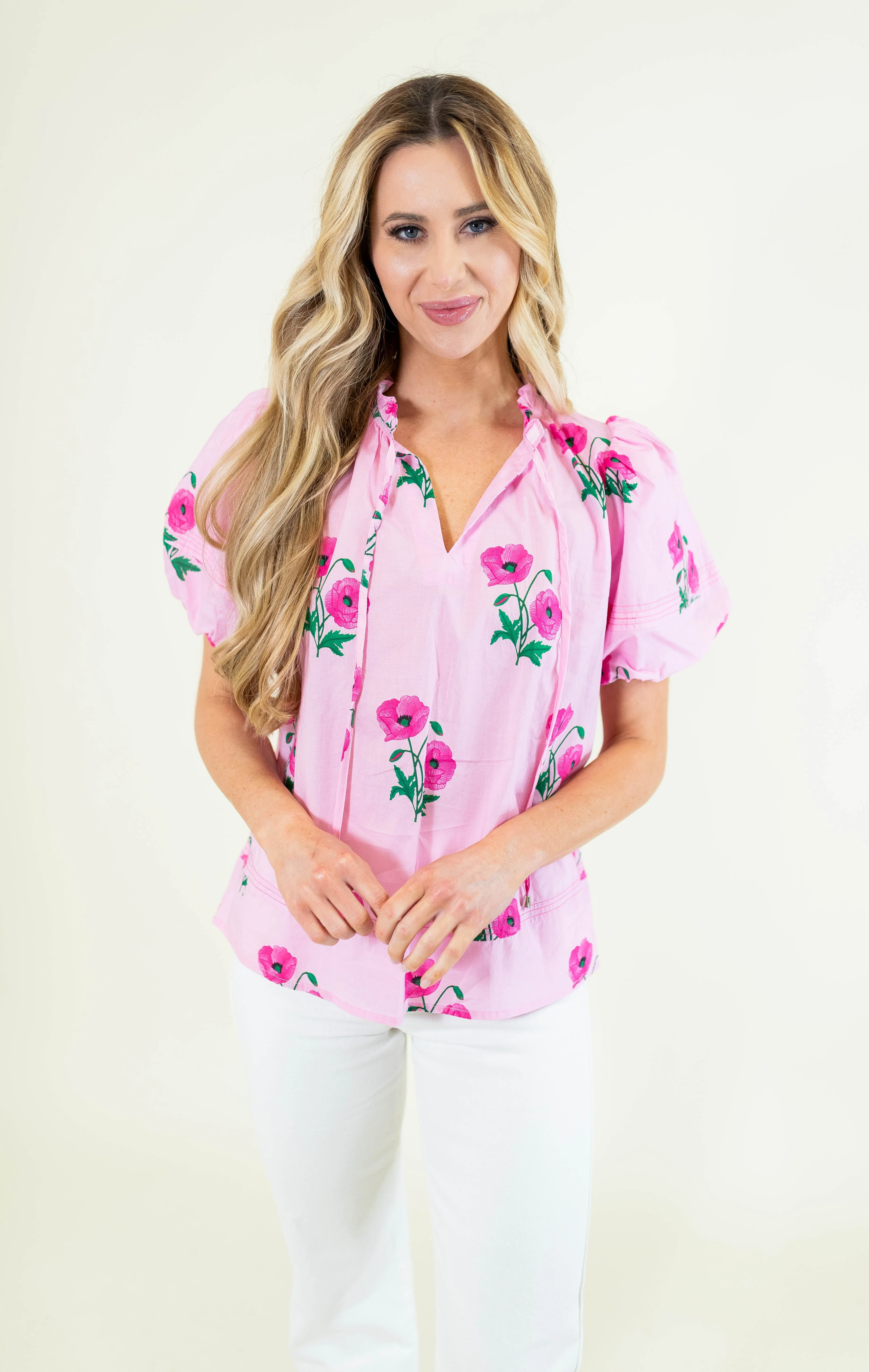 Candy Pink Floral Puff Sleeve Blouse