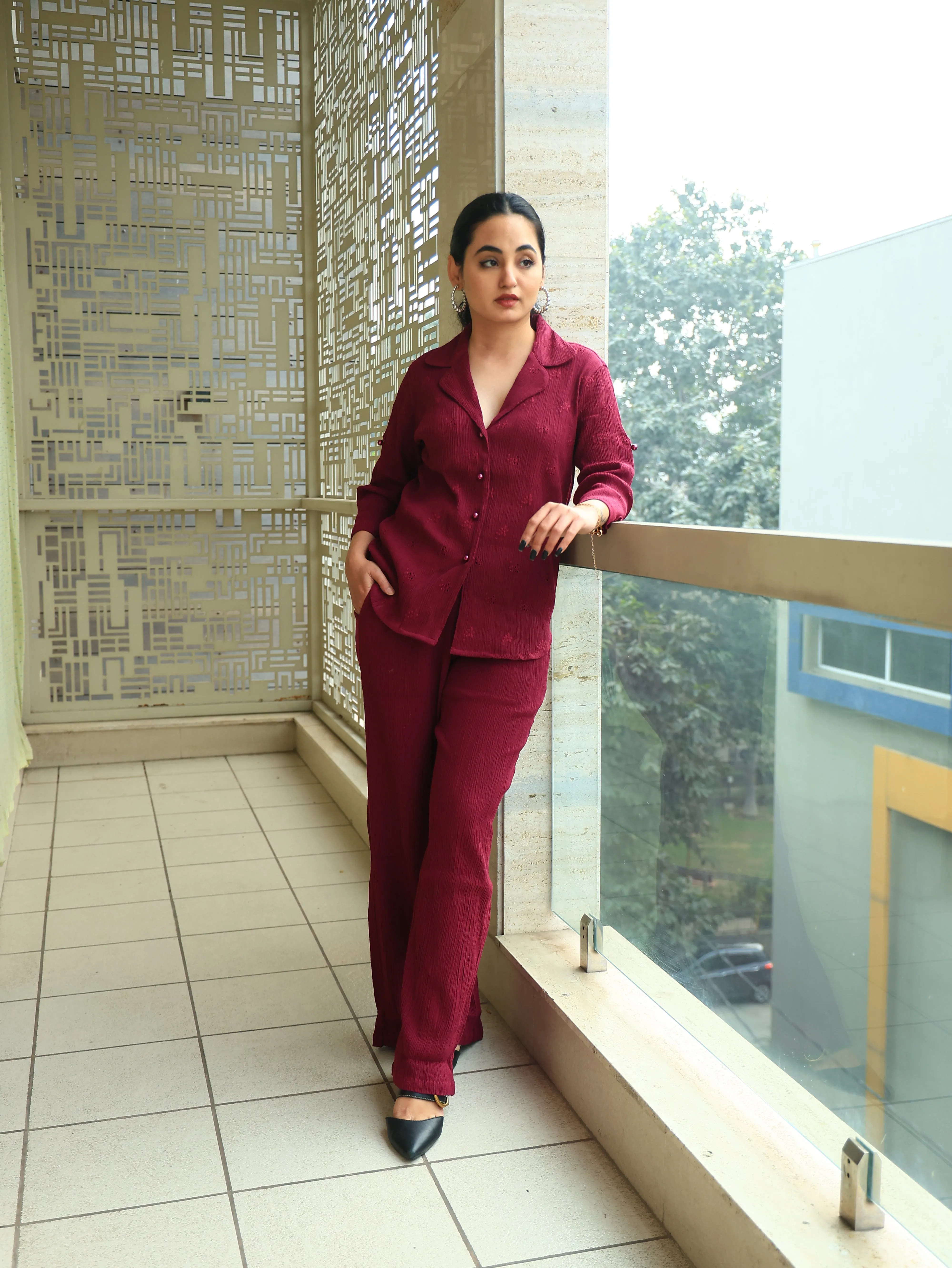 Crepe Shirt Crinkle Pants Set