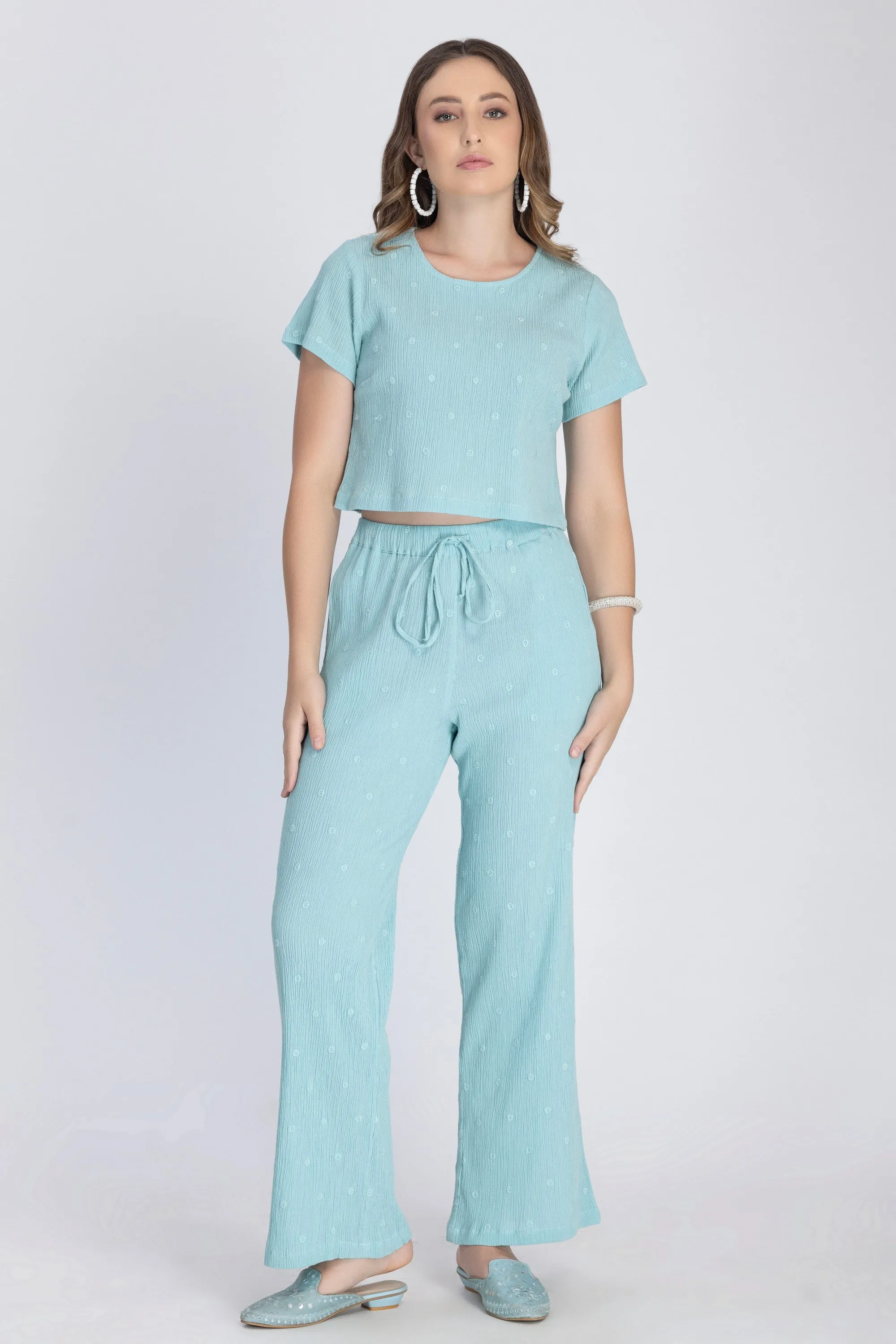 Crinkle Crepe Crop Top Pants (Green)