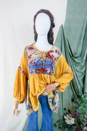Daisy Boho Top - Mustard Yellow Peacock Floral - Vintage Indian Cotton - Size S/M