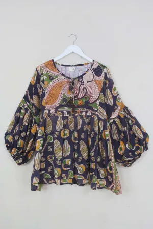 Daisy Boho Top - Prussian Blue & Ochre Orchestra - Vintage Indian Cotton - Size L/XL