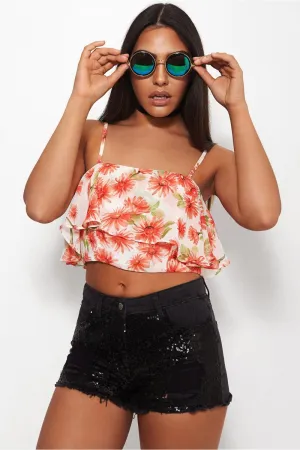 Daisy Floral Print Frill Crop Top