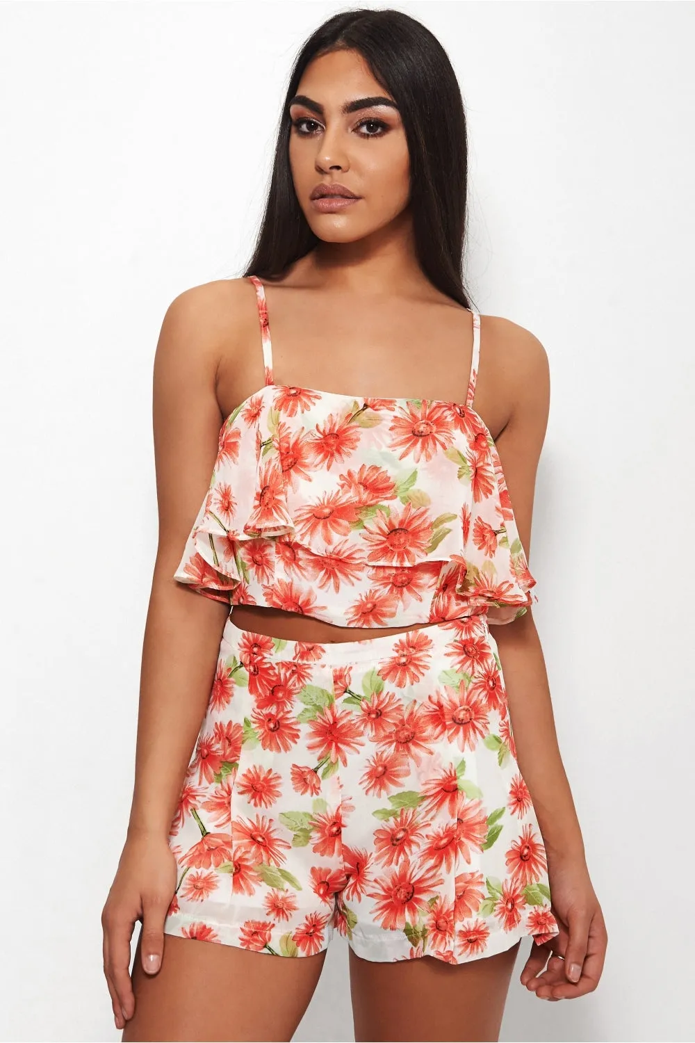 Daisy Floral Print Frill Crop Top