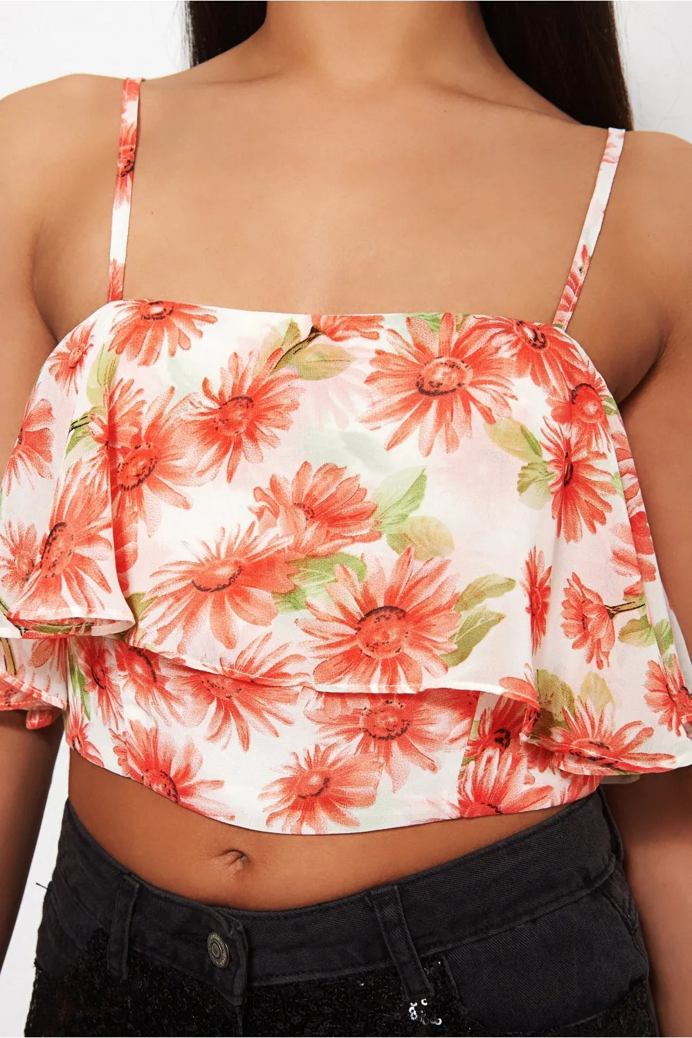 Daisy Floral Print Frill Crop Top