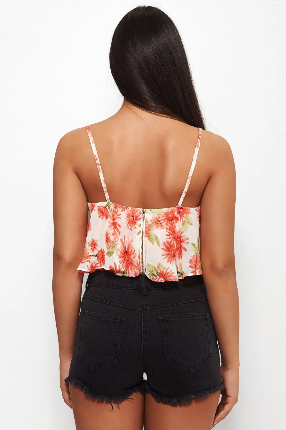 Daisy Floral Print Frill Crop Top
