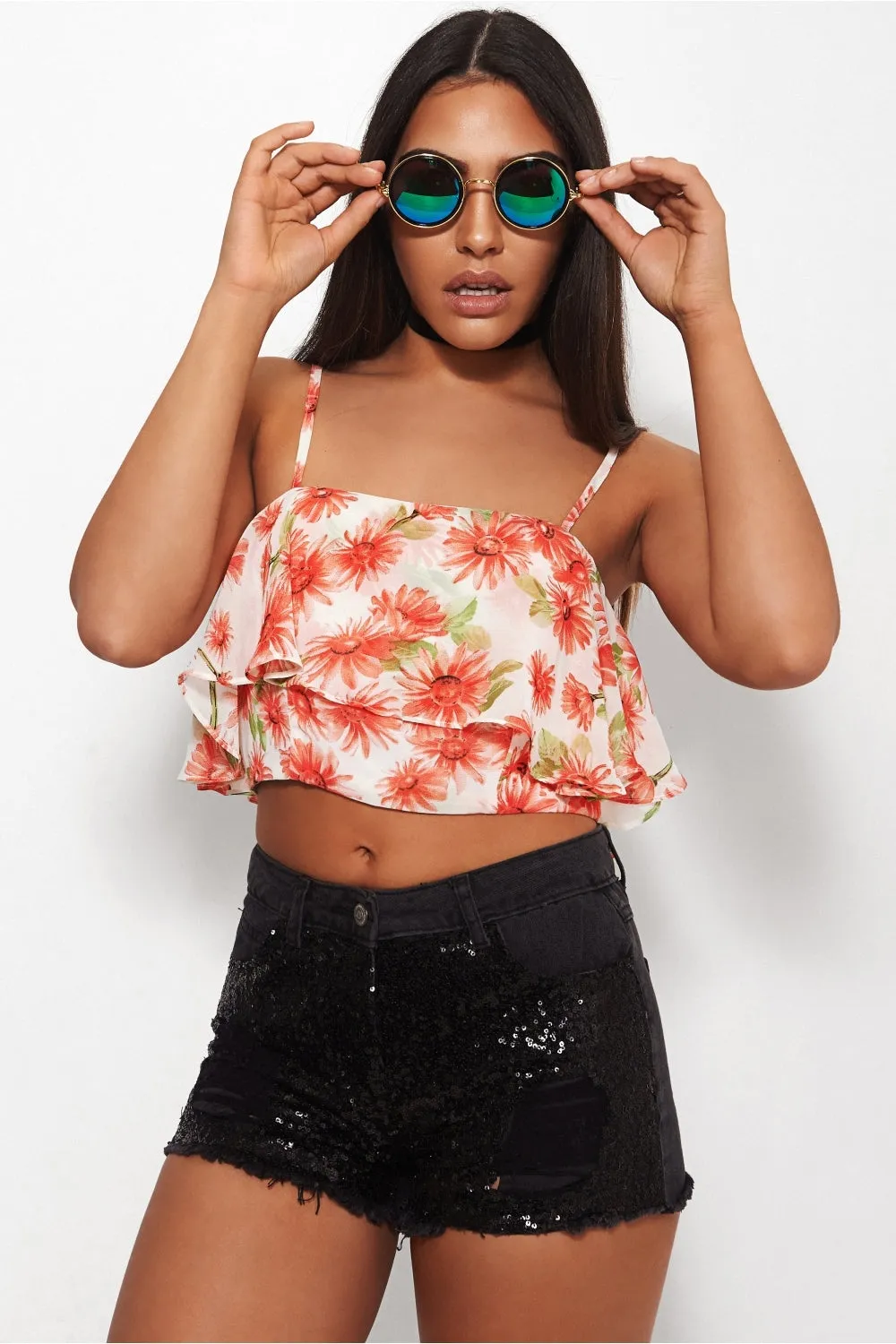 Daisy Floral Print Frill Crop Top