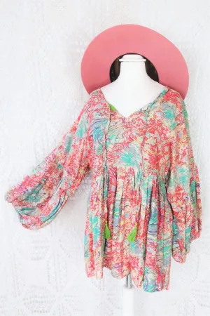 Daisy Smock Top - Vintage Indian Sari - Aqua & Pink Coral Speckled Swirl - Size S/M