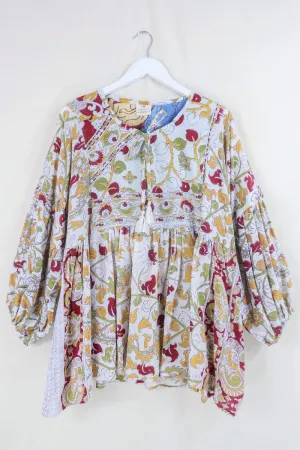 Daisy Smock Top - Winter's Snow Within The Flora  - Vintage Indian Cotton - Size L/XL