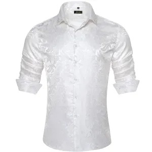 DiBanGu Tuxedo Shirt Ghost White Paisley Silk Button Up Men's Long Sleeve Dress Shirt