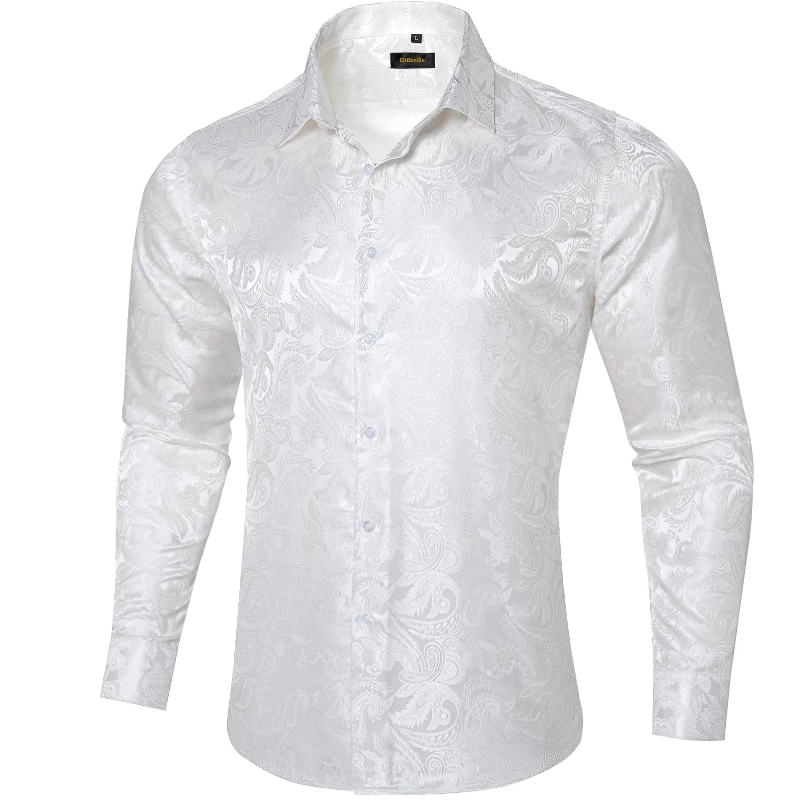 DiBanGu Tuxedo Shirt Ghost White Paisley Silk Button Up Men's Long Sleeve Dress Shirt