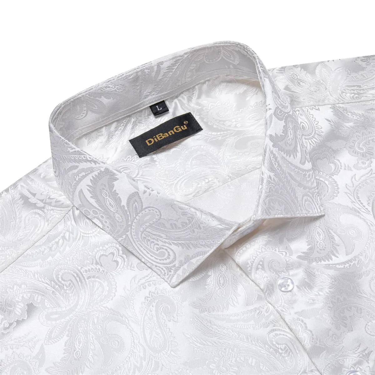 DiBanGu Tuxedo Shirt Ghost White Paisley Silk Button Up Men's Long Sleeve Dress Shirt