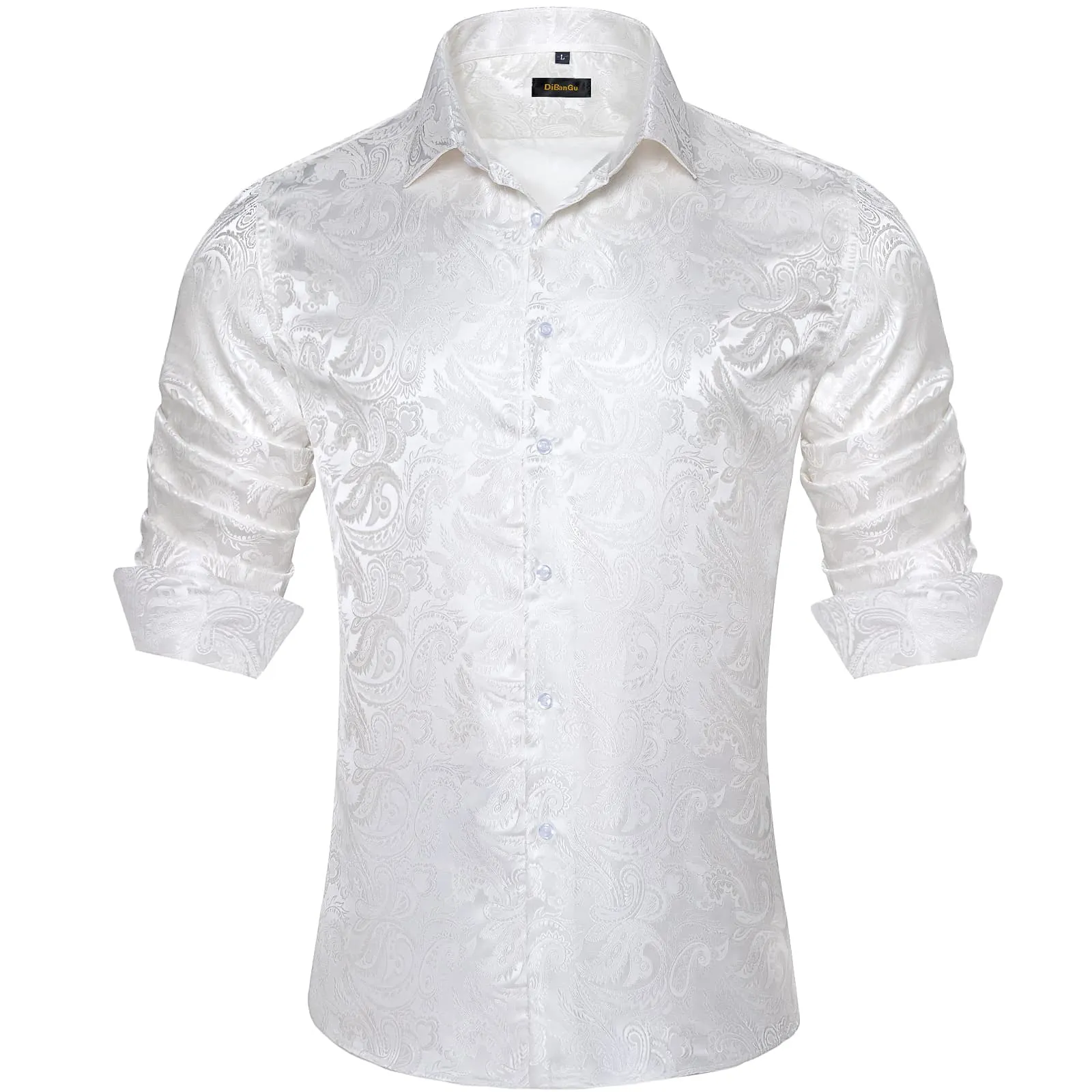 DiBanGu Tuxedo Shirt Ghost White Paisley Silk Button Up Men's Long Sleeve Dress Shirt