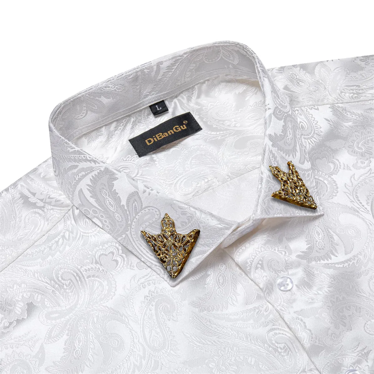 DiBanGu Tuxedo Shirt Ghost White Paisley Silk Button Up Men's Long Sleeve Dress Shirt