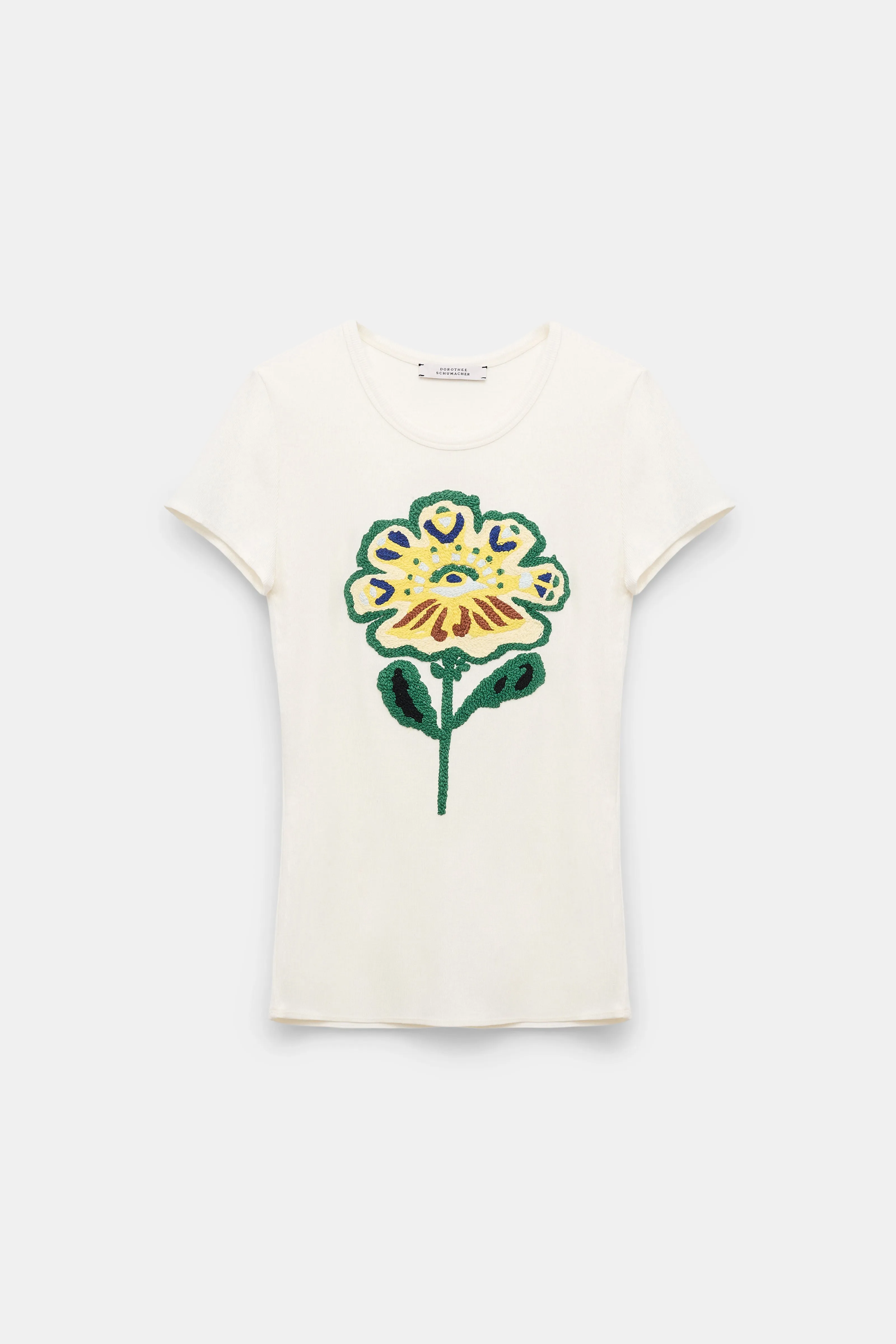 Dorothee Schumacher Fine Rib T-Shirt with Flower Embroidery in Light Yellow