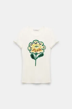 Dorothee Schumacher Fine Rib T-Shirt with Flower Embroidery in Light Yellow