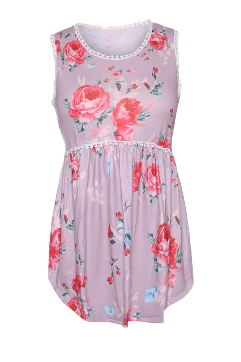 Dusty Pink Floral Pompom Lace Trim Flowy Tank Top