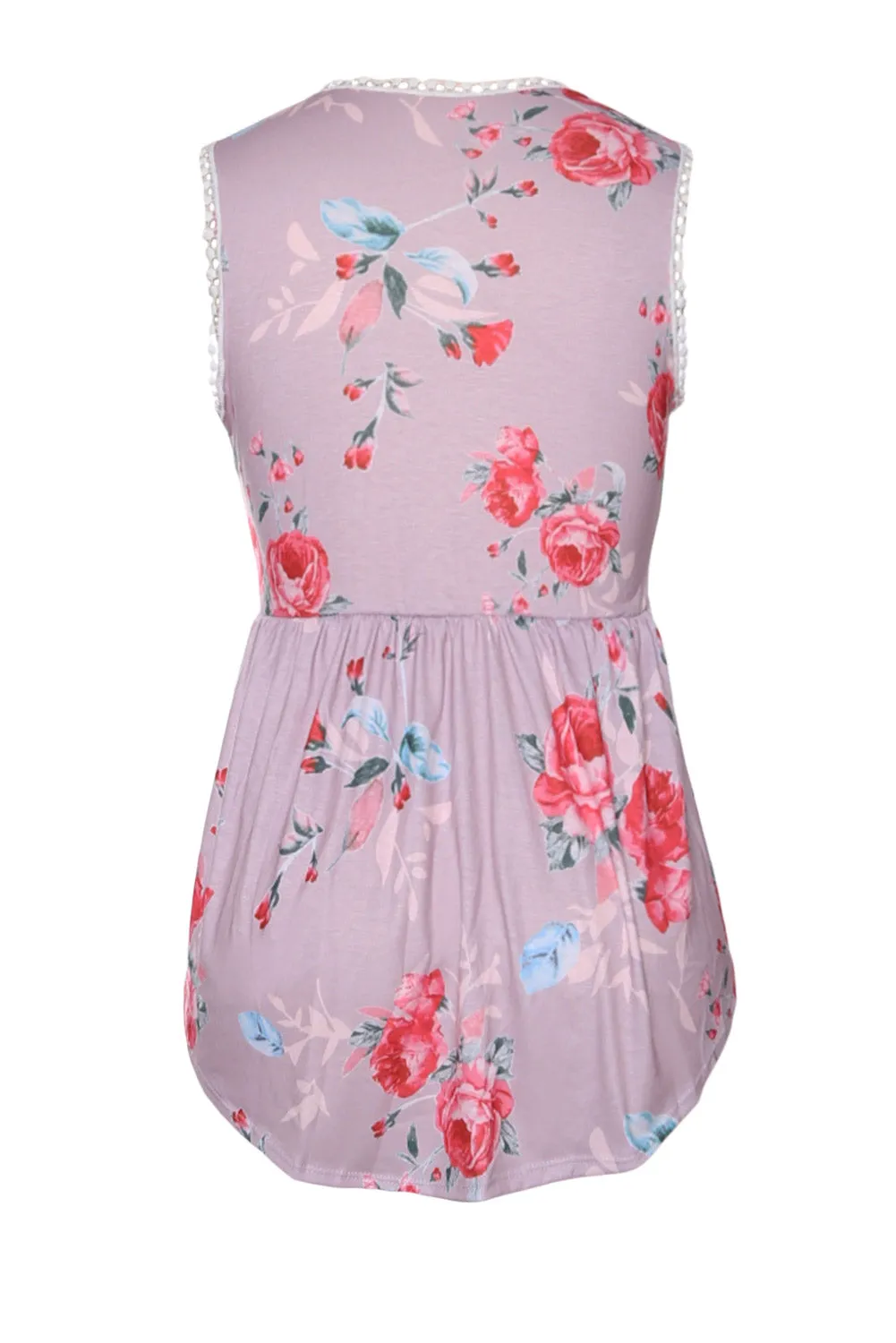 Dusty Pink Floral Pompom Lace Trim Flowy Tank Top