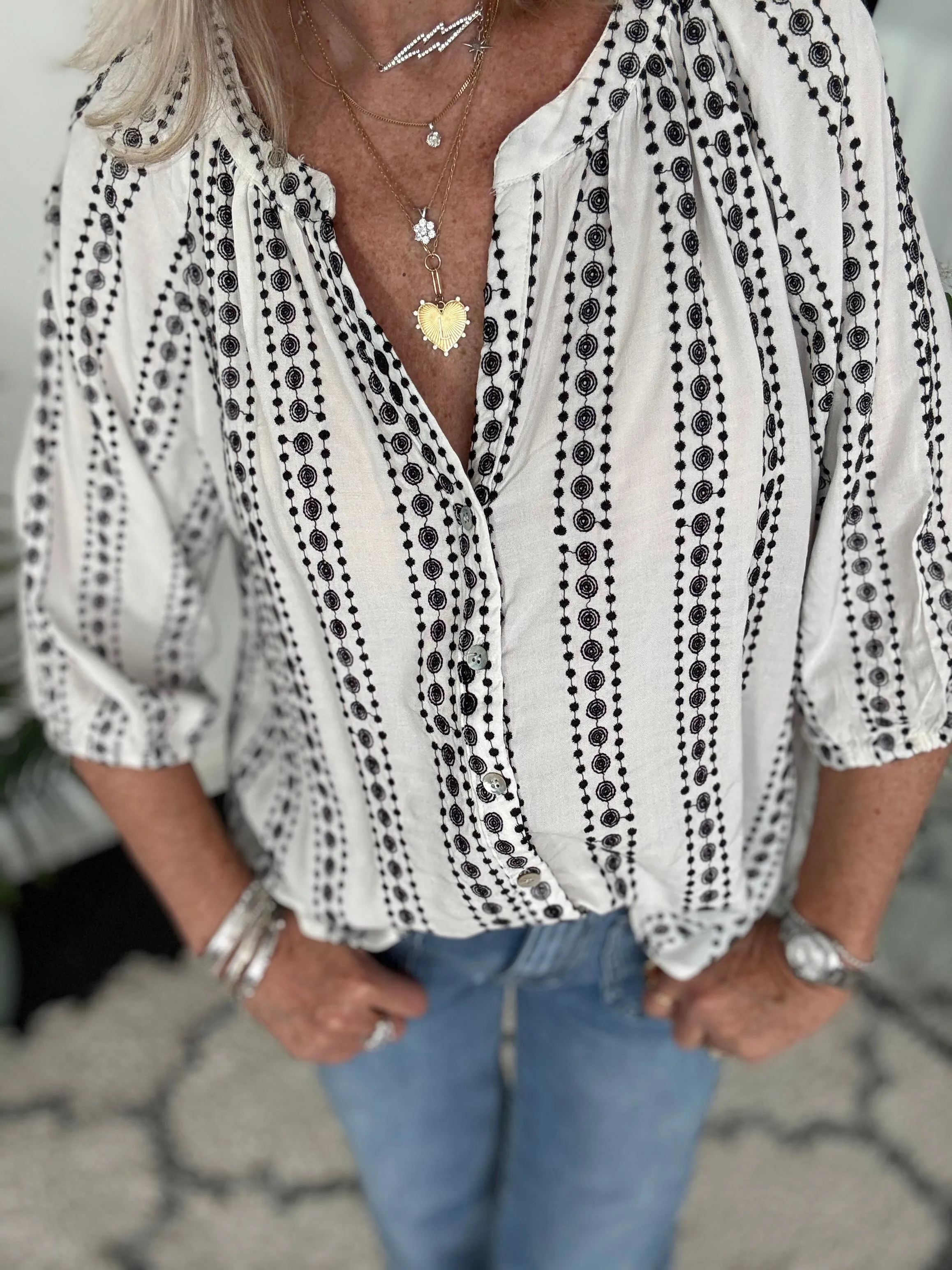 Embroidered Blouse in Ivory & Black