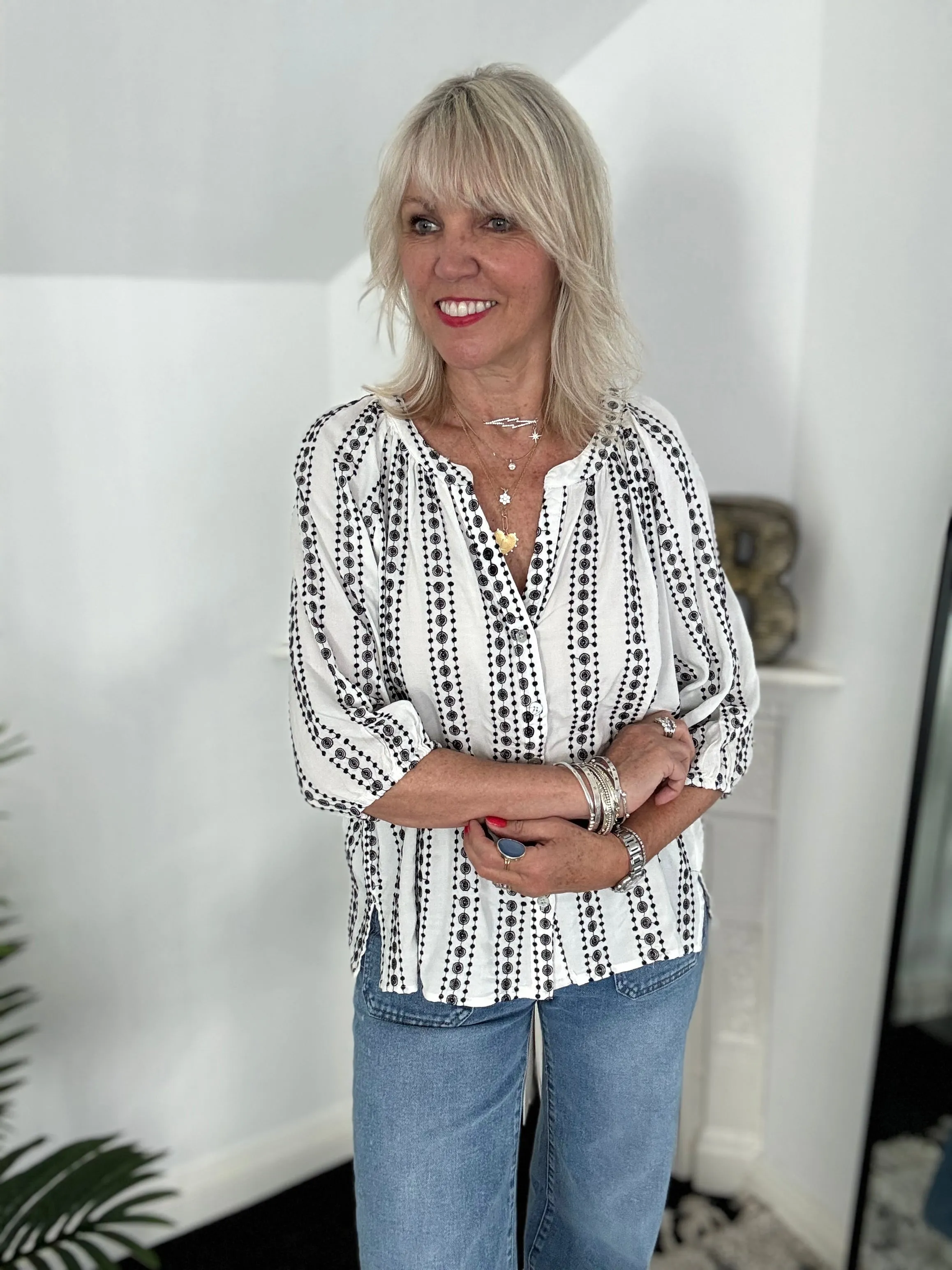 Embroidered Blouse in Ivory & Black