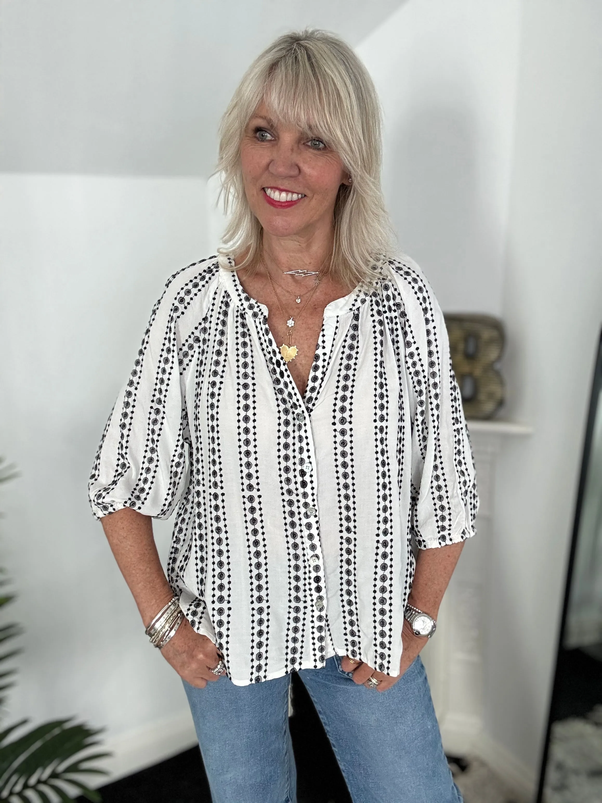 Embroidered Blouse in Ivory & Black
